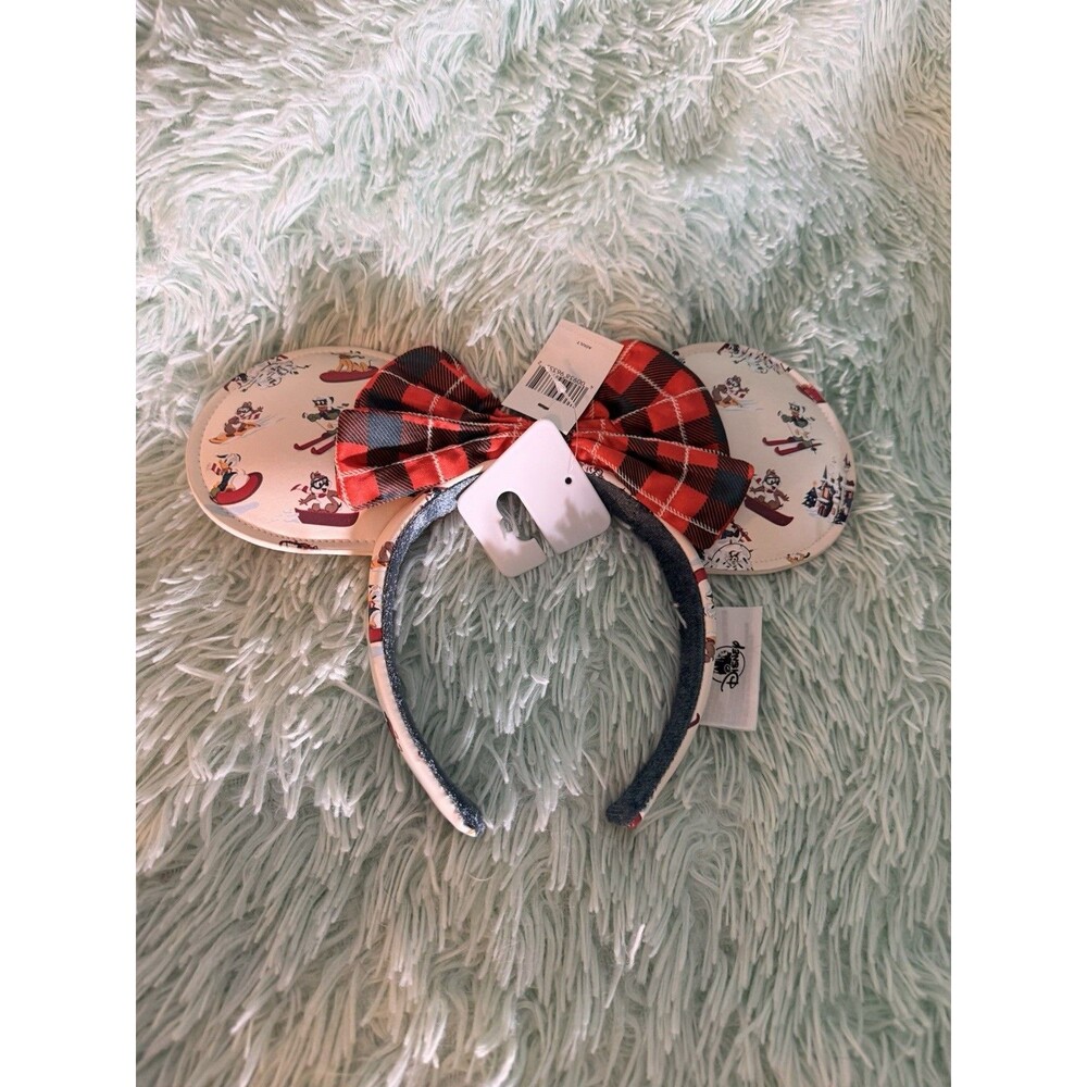 NEW Disney Parks Christmas Holiday Lodge Minnie Mouse Ear Headband Bow Plaid NWT